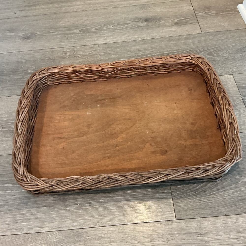 Flat Wicker Basket Tray Brown Ottoman Cottage Country Farmhouse Rustic